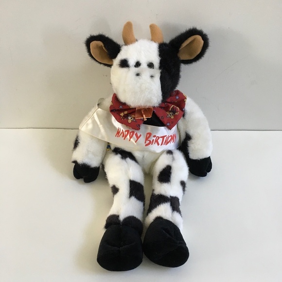 1997 Build A Bear Holstein Cow Bell Bow Tie Sash 18" White & Black Stuffed Plush - Picture 1 of 16